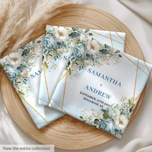 Bohemian Dusty Blue Flowers with White and Gold   Cloth Napkin (Bohemian Dusty Blue Flowers with White and Gold Cloth Napkins)