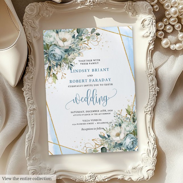 Bohemian Dusty Blue Gold Peonies Wedding Invite (Bohemian Dusty Blue Gold Peonies Wedding Invite)