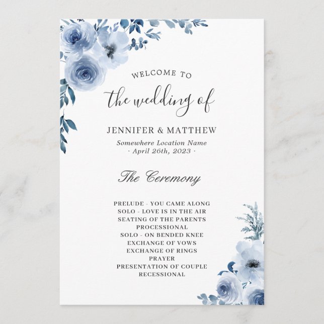 Bohemian Dusty Blue Pastel Floral Wedding Program (Front)