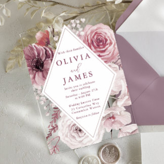 Bohemian Dusty Rose & Mauve Floral Wedding Acrylic Invitations