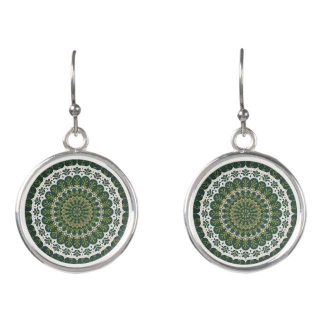 Bohemian Eclectic Green Leafy Mandala Earrings (Front)