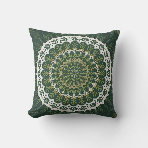 Bohemian Eclectic Green Leafy Mandala Throw Pillow