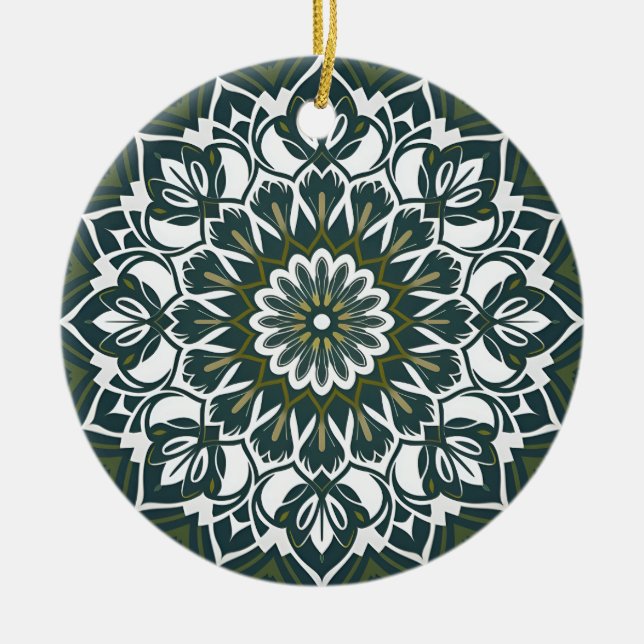 Bohemian Eclectic Style Green Mandala Ceramic Ornament (Front)