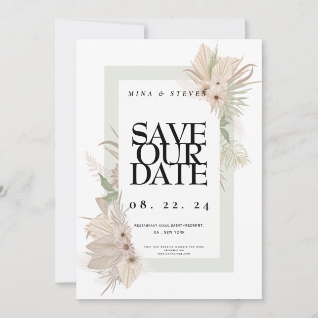 Bohemian elegance greenery floral wedding  save the date (Front)