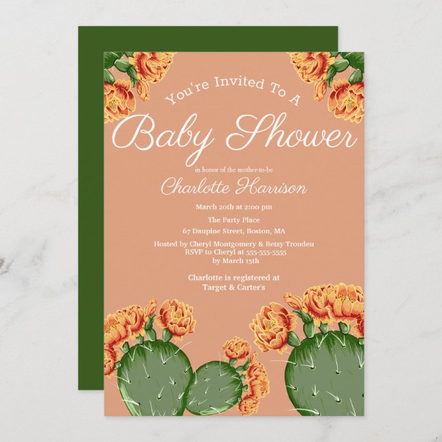 Bohemian Elegant Cactus Flowers Baby Shower Invitation (Front/Back)
