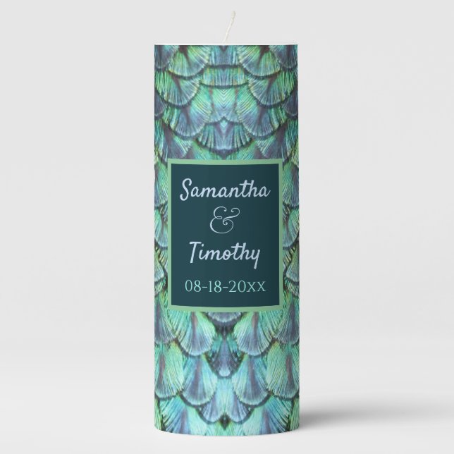 Bohemian Elegant Teal Peacock Feather Wedding  Pillar Candle (Front)