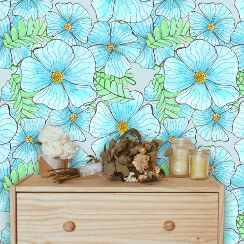 Bohemian Elegant Watercolor Aqua Blue Flowers Wallpaper