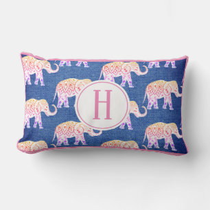 Bohemian Elephants & Faux Blue Burlap Lumbar Pillow