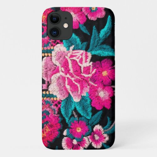 Bohemian Embroidery look flower black pink iPhone 11 Case