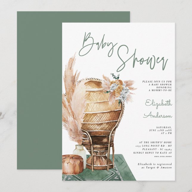 Bohemian Eucalyptus Green Pampas Boho Baby Shower  Invitation (Front/Back)