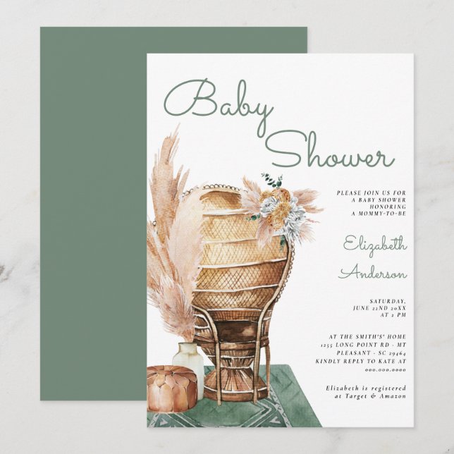 Bohemian Eucalyptus Green Pampas Boho Baby Shower  Invitation (Front/Back)