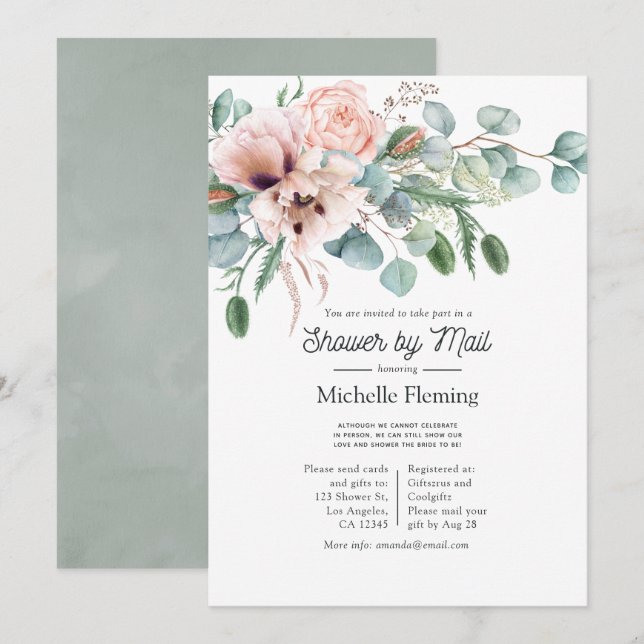 Bohemian Eucalyptus Pink Poppy Shower by Mail Invitation (Front/Back)