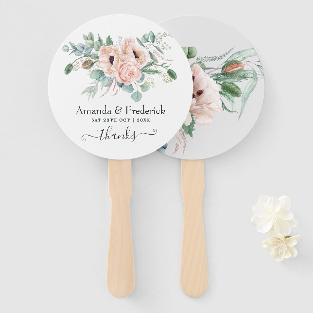 Bohemian Eucalyptus Pink Poppy Wedding Hand Fan (Front and Back)