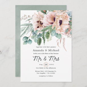 Bohemian Eucalyptus Pink Poppy Wedding Invitation