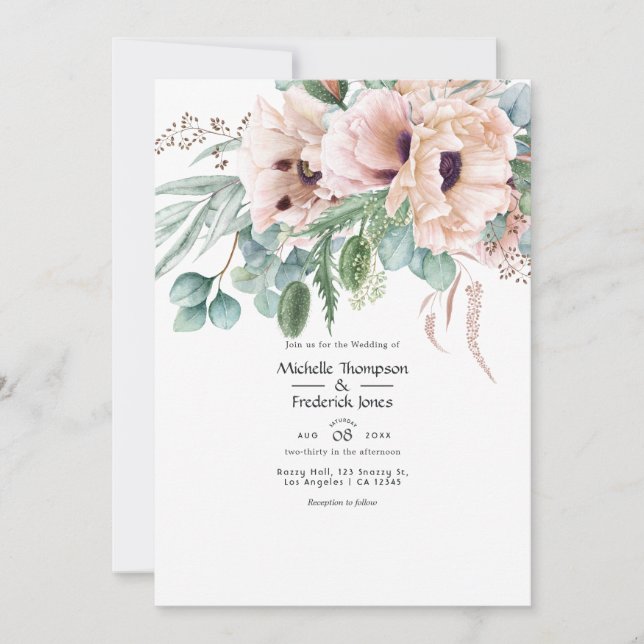 Bohemian Eucalyptus Pink Poppy Wedding Invitation (Front)