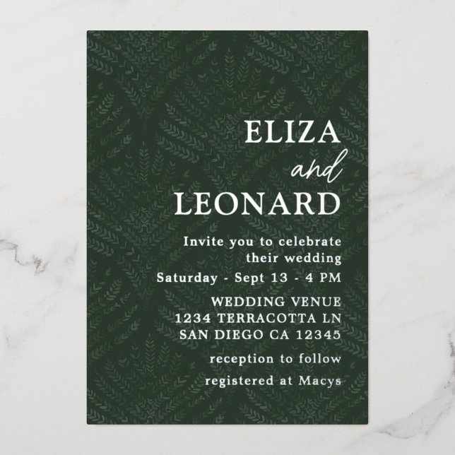 Bohemian Evergreen Fern Modern Minimalist Wedding  Foil Invitation (Front)