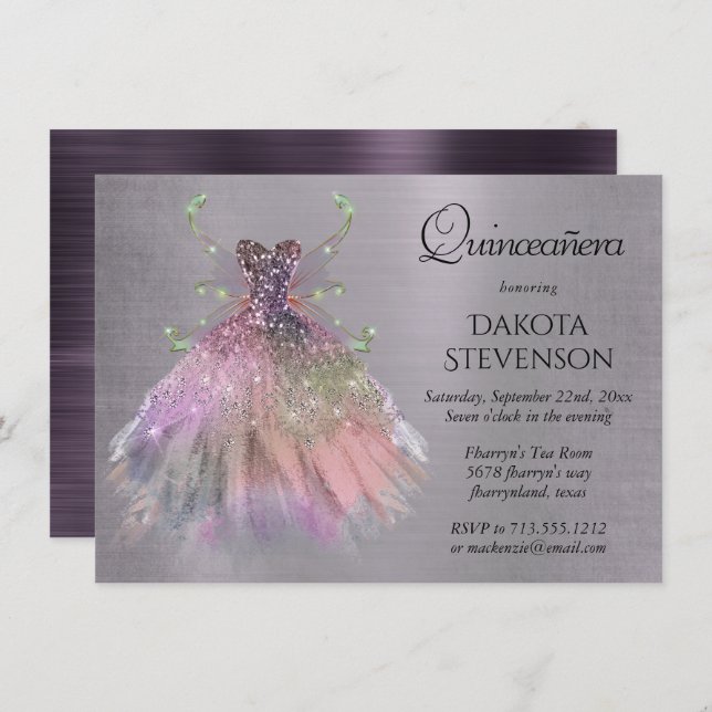 Bohemian Fairy Wing Gown | Glam Dusty Purple Sheen Invitation (Front/Back)