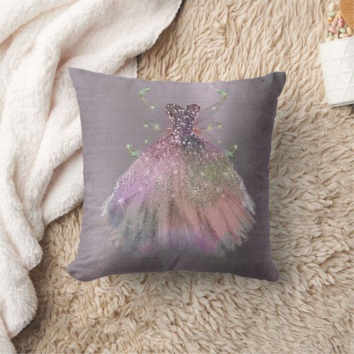 Bohemian Fairy Wing Gown  Glam Dusty Purple Sheen Throw Pillow