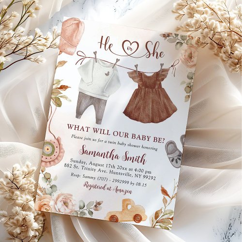 Bohemian Fall Baby Clothes Gender Reveal Invitation