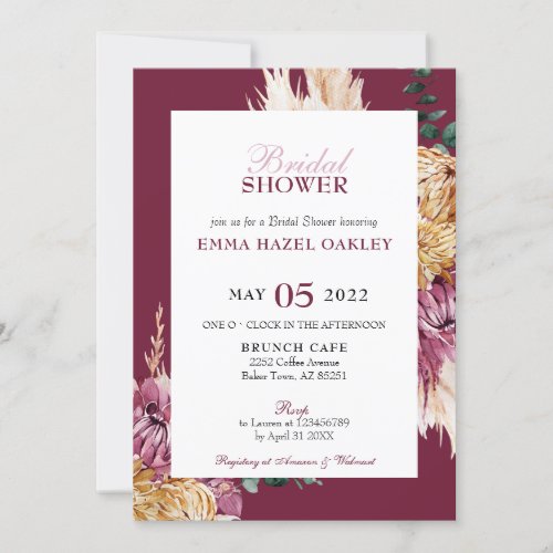 Bohemian Fall Burgundy Floral Bridal Shower Invitation