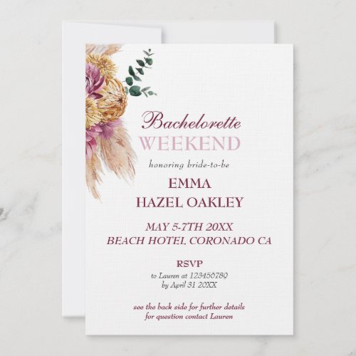 Bohemian Fall Burgundy Floral Bridal Weekend Invitation