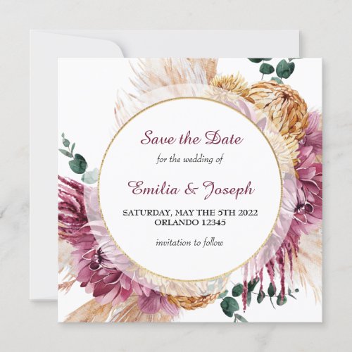 Bohemian Fall Burgundy Floral Save the Date Invitation
