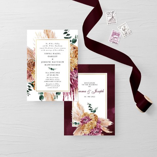Bohemian Fall Burgundy Floral Wedding Invitation