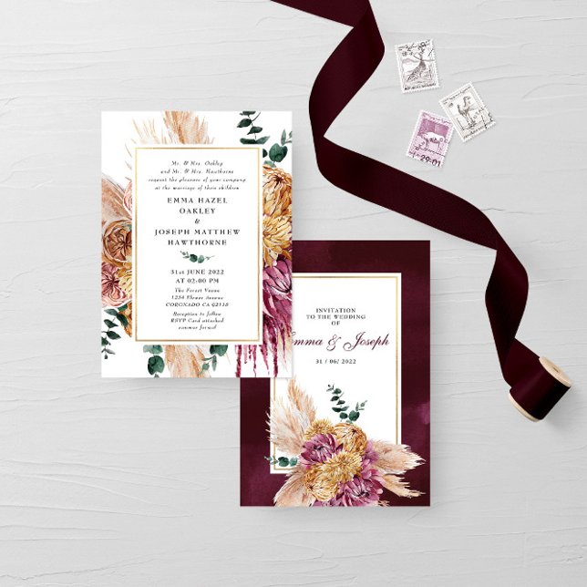 Bohemian Fall Burgundy Floral Wedding Invitation (Creator Uploaded)
