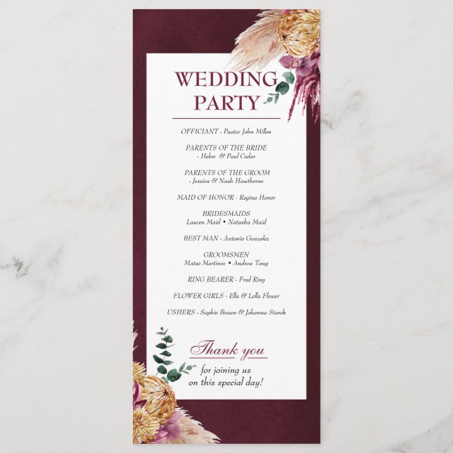 Bohemian Fall Burgundy Floral Wedding Program (Back)