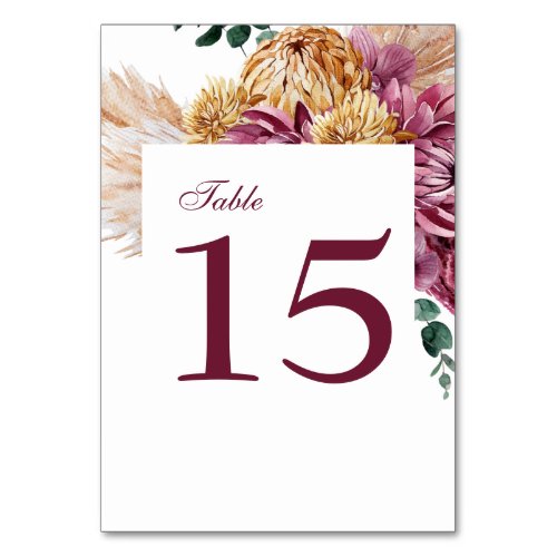 Bohemian Fall Burgundy Floral Wedding Table Number