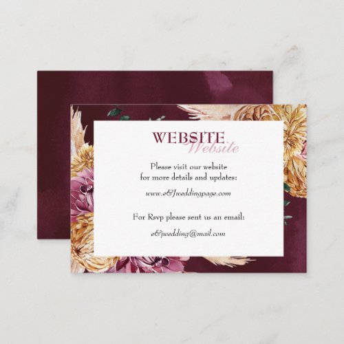 Bohemian Fall Burgundy Floral Wedding Website Business Card