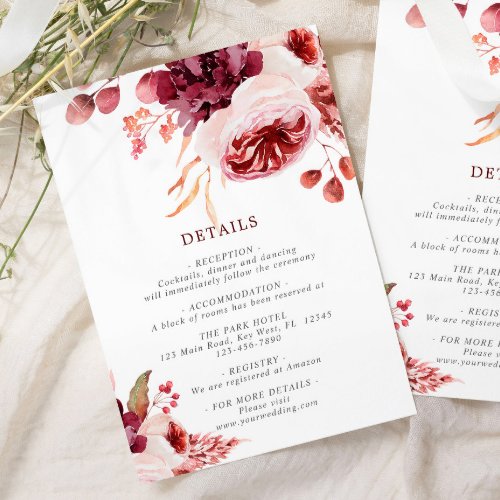 Bohemian Fall Rose Floral Wedding Details Enclosure Card