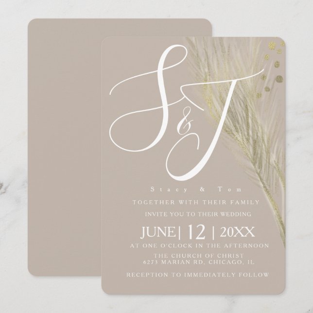 Bohemian Faux Gold Foil Pampas Wedding Invitation (Front/Back)