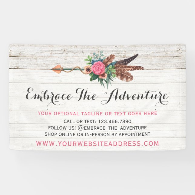 Bohemian Feather Arrow & Rose on Rustic White Wood Banner (Horizontal)