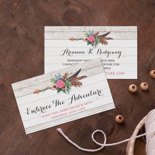 Bohemian Feather Arrow  Rose on Rustic White Wood Business Card