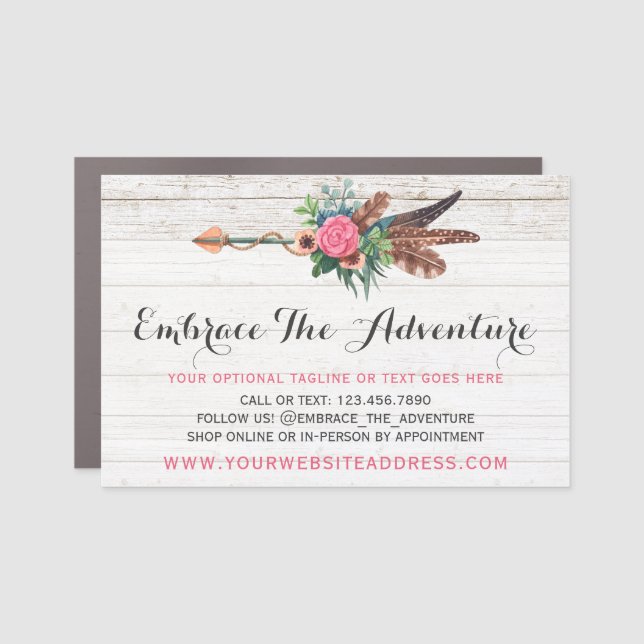 Bohemian Feather Arrow & Rose on Rustic White Wood Car Magnet (Front)