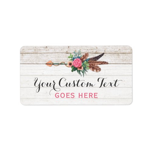 Bohemian Feather Arrow  Rose on Rustic White Wood Label