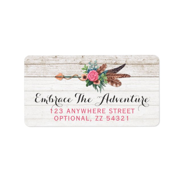 Bohemian Feather Arrow & Rose on Rustic White Wood Label (Front)