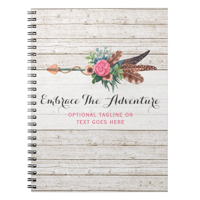 Bohemian Feather Arrow & Rose on Rustic White Wood Notebook (Front)