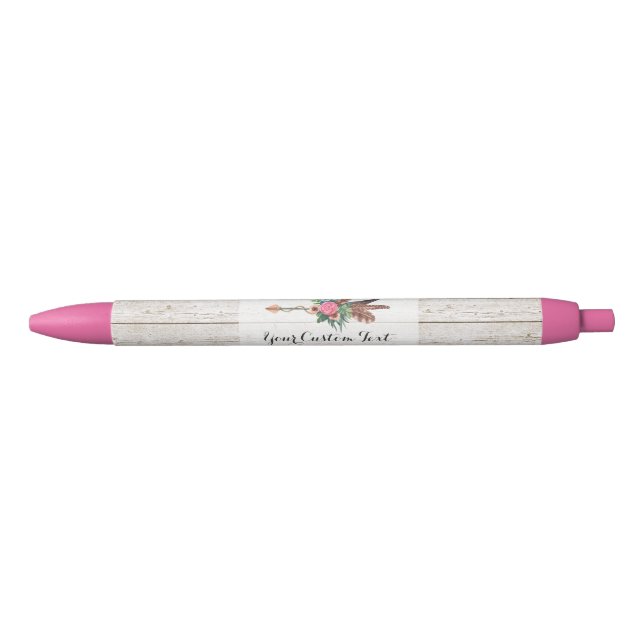 Bohemian Feather Arrow & Rose on Rustic White Wood Pen (Front)
