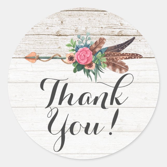 Bohemian Feather Arrow & Rose Rustic Thank You Classic Round Sticker (Front)