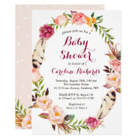Bohemian Feather Boho Floral Wreath Baby Shower Card