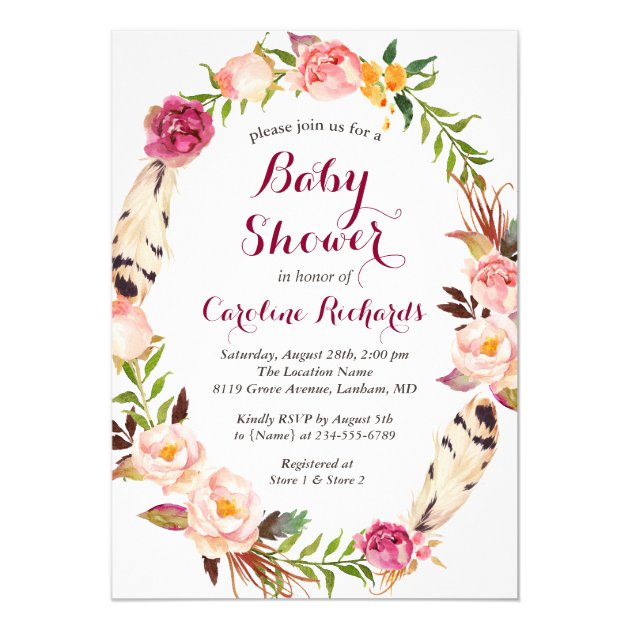 Bohemian Feather Boho Floral Wreath Baby Shower Invitation