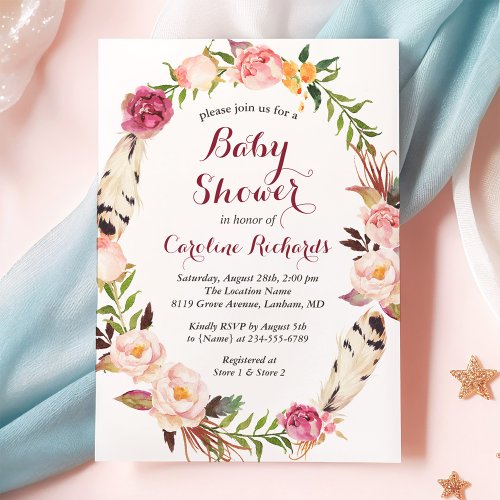 Bohemian Feather Boho Floral Wreath Baby Shower Card