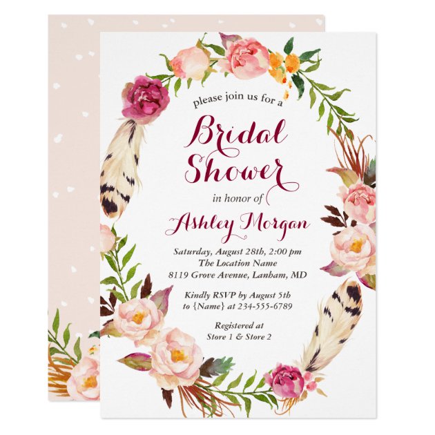 Bohemian Feather Boho Floral Wreath Bridal Shower Card (front side)