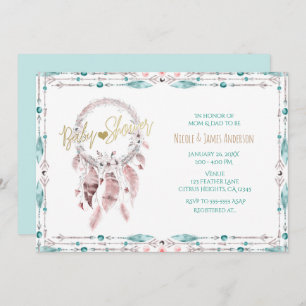 Bohemian Feather Dream Catcher Teal Baby Shower Invitation