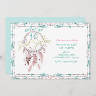 Bohemian Feather Dream Catcher Teal Pink Sweet 16 Invitation