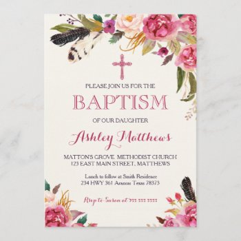 Bohemian Feather Floral Baptism Invitation by MakinMemoriesonPaper at Zazzle