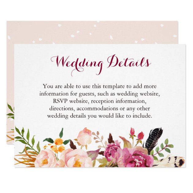 Bohemian Feather Floral Boho Wedding Details Info Card
