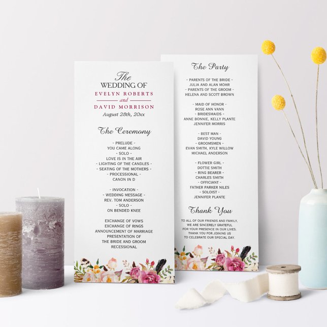 Bohemian Feather Floral Boho Wedding Program (Creator Uploaded)